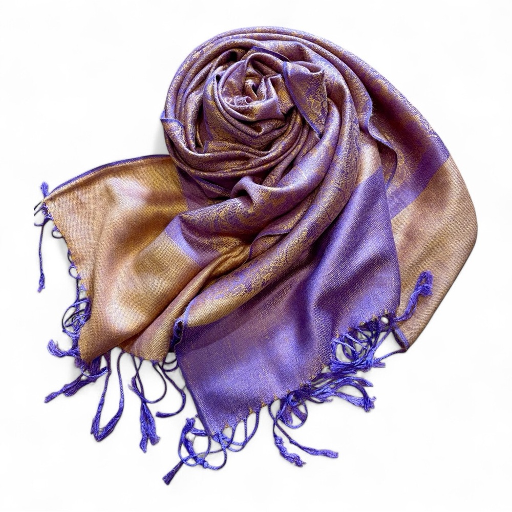 Beautiful Silk Pashmina Scarf Purple Gold Paisley - Stunning 28” x 39”